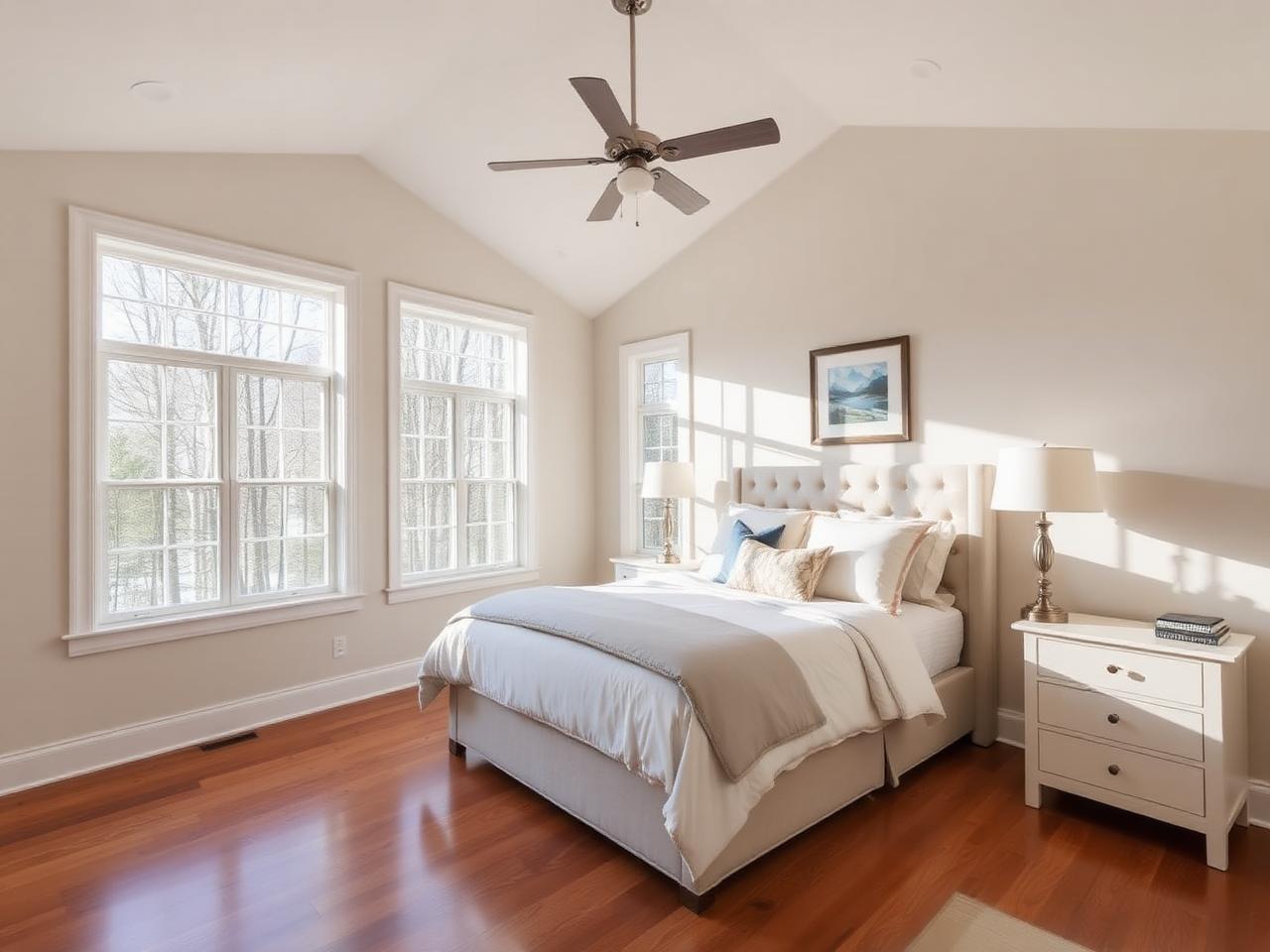 Sunlit primary bedroom with vaulted ceiling