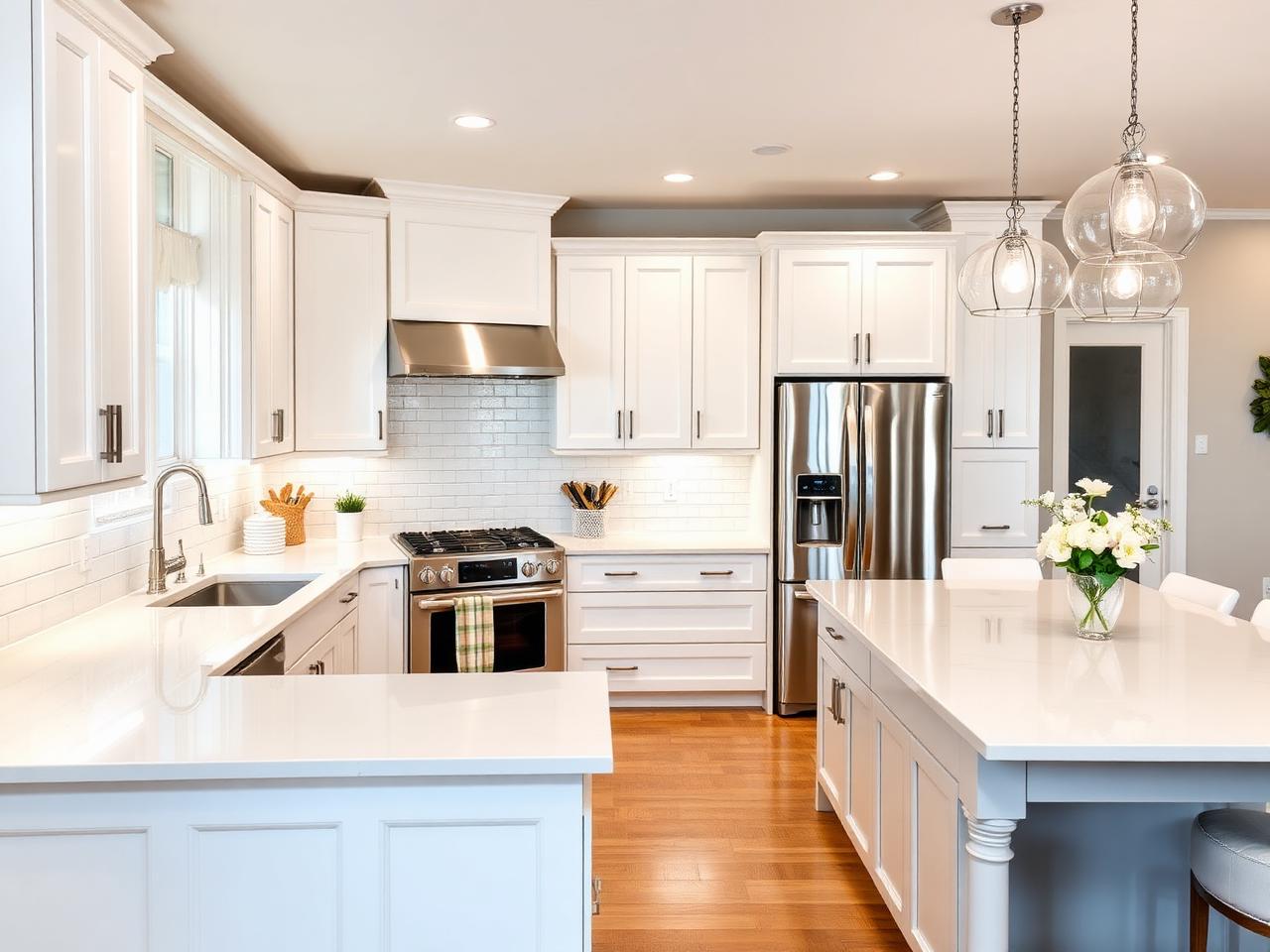 Updated white kitchen with quartz island and stainless appliances