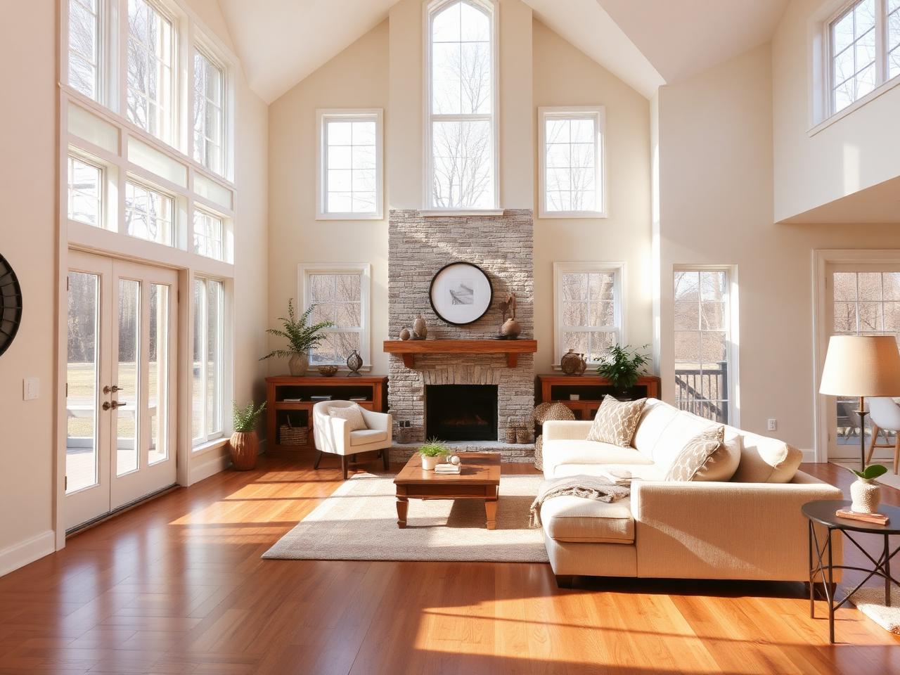 Bright living room with vaulted ceilings and stone fireplace